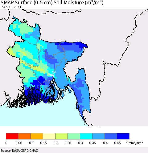 Bangladesh SMAP Surface (0-5 cm) Soil Moisture (m³/m³) Thematic Map For 9/6/2023 - 9/10/2023