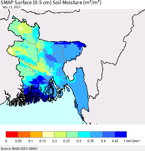 Bangladesh SMAP Surface (0-5 cm) Soil Moisture (m³/m³) Thematic Map For 9/11/2023 - 9/15/2023
