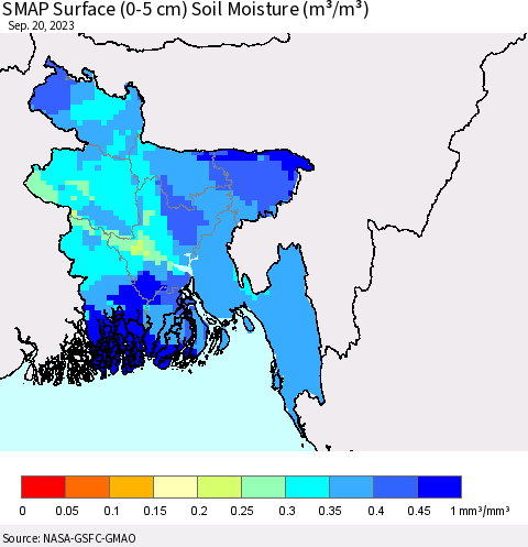 Bangladesh SMAP Surface (0-5 cm) Soil Moisture (m³/m³) Thematic Map For 9/16/2023 - 9/20/2023