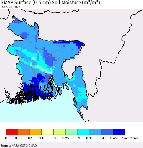 Bangladesh SMAP Surface (0-5 cm) Soil Moisture (m³/m³) Thematic Map For 9/21/2023 - 9/25/2023