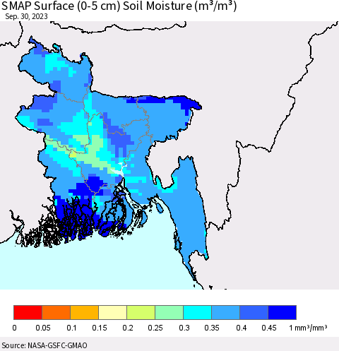 Bangladesh SMAP Surface (0-5 cm) Soil Moisture (m³/m³) Thematic Map For 9/26/2023 - 9/30/2023