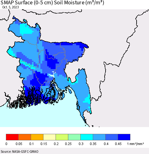 Bangladesh SMAP Surface (0-5 cm) Soil Moisture (m³/m³) Thematic Map For 10/1/2023 - 10/5/2023