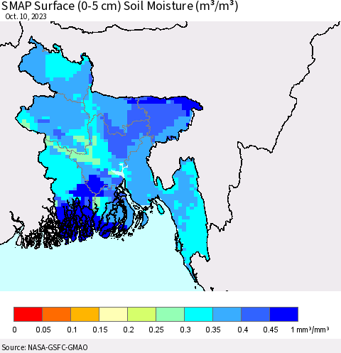 Bangladesh SMAP Surface (0-5 cm) Soil Moisture (m³/m³) Thematic Map For 10/6/2023 - 10/10/2023