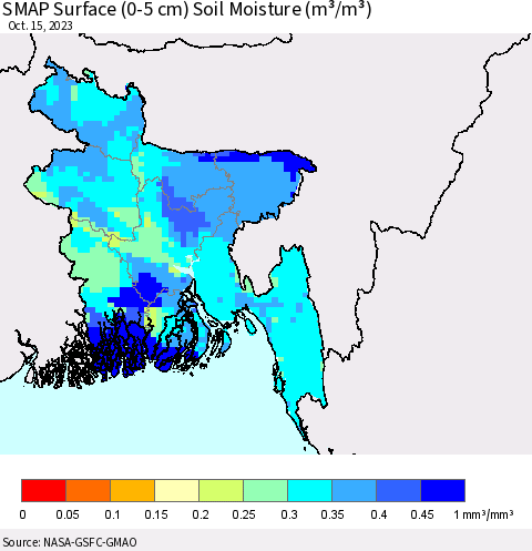 Bangladesh SMAP Surface (0-5 cm) Soil Moisture (m³/m³) Thematic Map For 10/11/2023 - 10/15/2023
