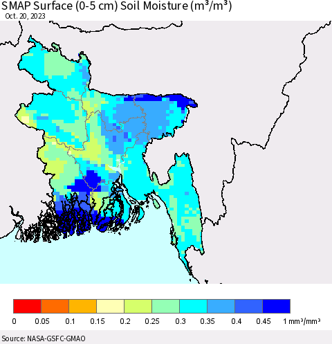Bangladesh SMAP Surface (0-5 cm) Soil Moisture (m³/m³) Thematic Map For 10/16/2023 - 10/20/2023