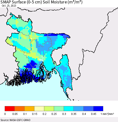 Bangladesh SMAP Surface (0-5 cm) Soil Moisture (m³/m³) Thematic Map For 10/21/2023 - 10/25/2023