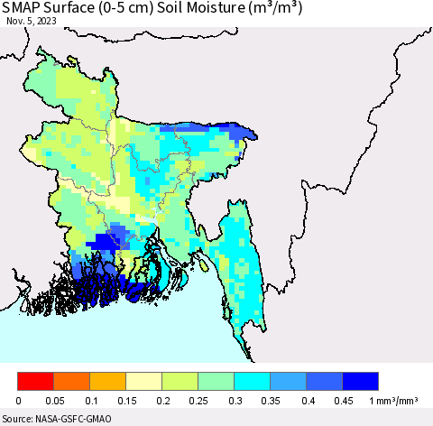 Bangladesh SMAP Surface (0-5 cm) Soil Moisture (m³/m³) Thematic Map For 11/1/2023 - 11/5/2023