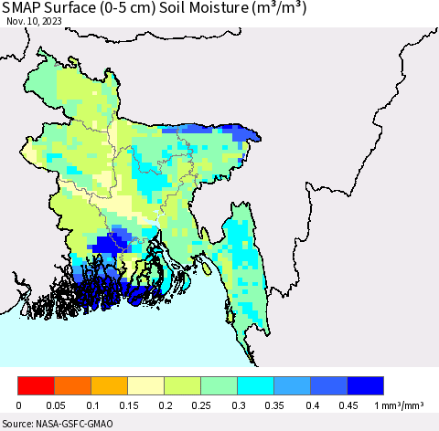 Bangladesh SMAP Surface (0-5 cm) Soil Moisture (m³/m³) Thematic Map For 11/6/2023 - 11/10/2023