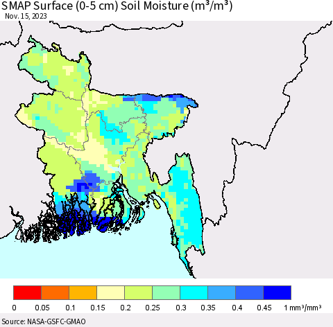 Bangladesh SMAP Surface (0-5 cm) Soil Moisture (m³/m³) Thematic Map For 11/11/2023 - 11/15/2023