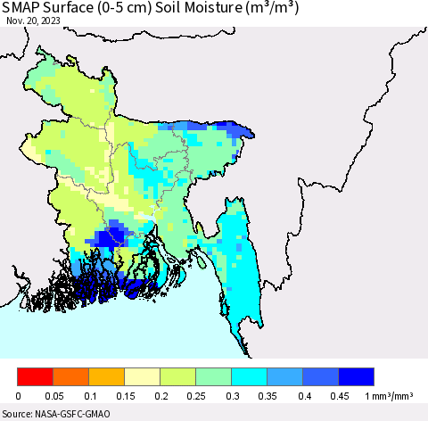 Bangladesh SMAP Surface (0-5 cm) Soil Moisture (m³/m³) Thematic Map For 11/16/2023 - 11/20/2023