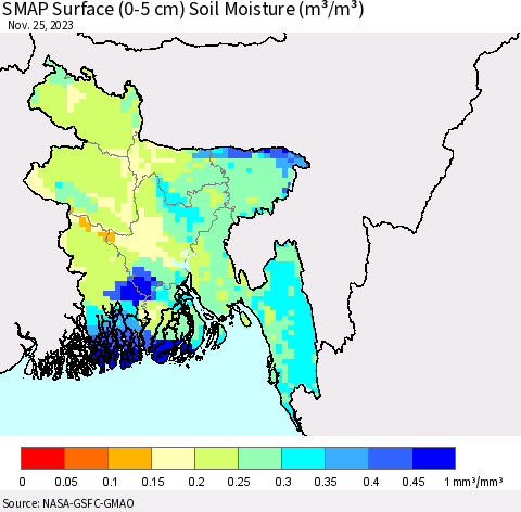 Bangladesh SMAP Surface (0-5 cm) Soil Moisture (m³/m³) Thematic Map For 11/21/2023 - 11/25/2023