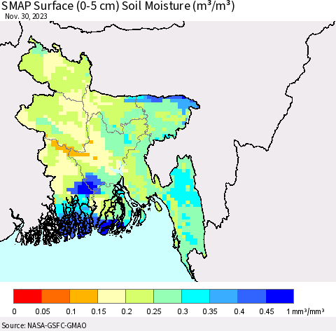 Bangladesh SMAP Surface (0-5 cm) Soil Moisture (m³/m³) Thematic Map For 11/26/2023 - 11/30/2023