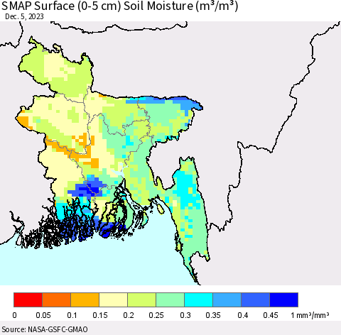 Bangladesh SMAP Surface (0-5 cm) Soil Moisture (m³/m³) Thematic Map For 12/1/2023 - 12/5/2023