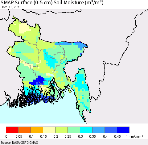 Bangladesh SMAP Surface (0-5 cm) Soil Moisture (m³/m³) Thematic Map For 12/6/2023 - 12/10/2023