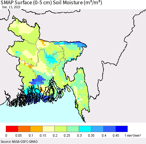 Bangladesh SMAP Surface (0-5 cm) Soil Moisture (m³/m³) Thematic Map For 12/11/2023 - 12/15/2023