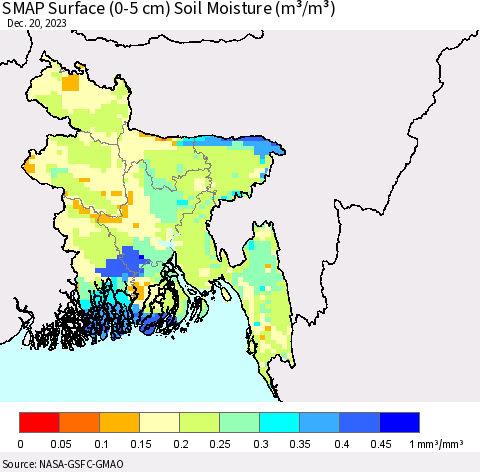 Bangladesh SMAP Surface (0-5 cm) Soil Moisture (m³/m³) Thematic Map For 12/16/2023 - 12/20/2023