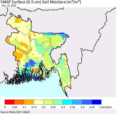 Bangladesh SMAP Surface (0-5 cm) Soil Moisture (m³/m³) Thematic Map For 12/21/2023 - 12/25/2023