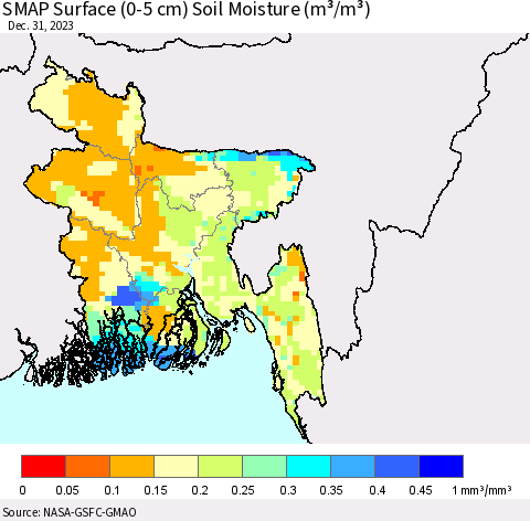 Bangladesh SMAP Surface (0-5 cm) Soil Moisture (m³/m³) Thematic Map For 12/26/2023 - 12/31/2023