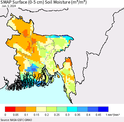 Bangladesh SMAP Surface (0-5 cm) Soil Moisture (m³/m³) Thematic Map For 1/1/2024 - 1/5/2024
