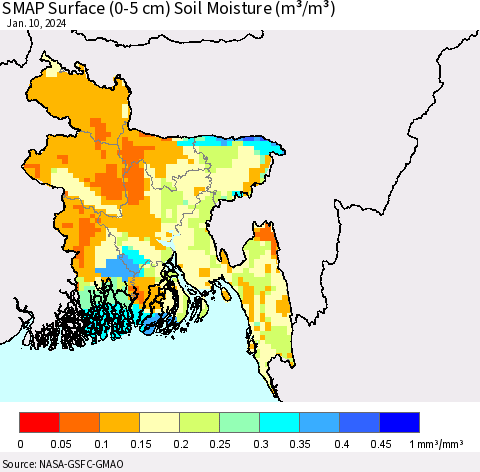 Bangladesh SMAP Surface (0-5 cm) Soil Moisture (m³/m³) Thematic Map For 1/6/2024 - 1/10/2024