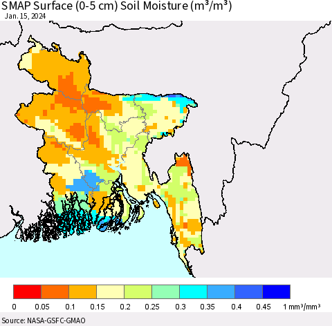 Bangladesh SMAP Surface (0-5 cm) Soil Moisture (m³/m³) Thematic Map For 1/11/2024 - 1/15/2024