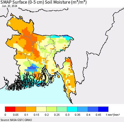 Bangladesh SMAP Surface (0-5 cm) Soil Moisture (m³/m³) Thematic Map For 1/16/2024 - 1/20/2024