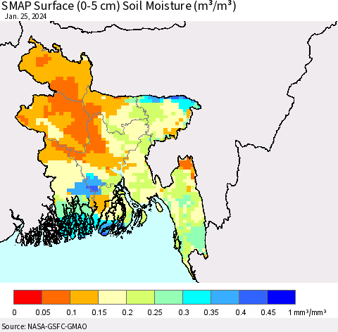 Bangladesh SMAP Surface (0-5 cm) Soil Moisture (m³/m³) Thematic Map For 1/21/2024 - 1/25/2024