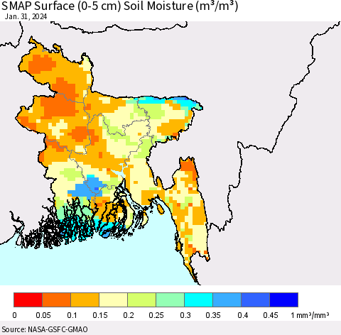 Bangladesh SMAP Surface (0-5 cm) Soil Moisture (m³/m³) Thematic Map For 1/26/2024 - 1/31/2024