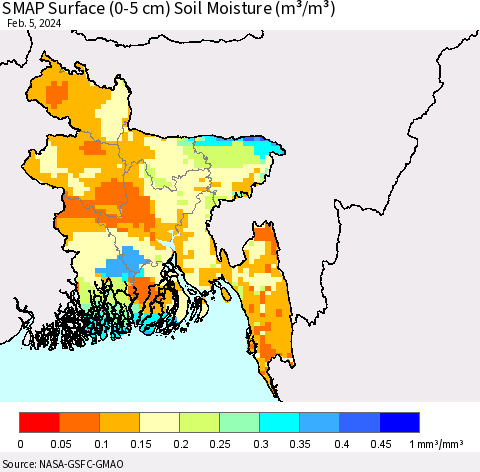 Bangladesh SMAP Surface (0-5 cm) Soil Moisture (m³/m³) Thematic Map For 2/1/2024 - 2/5/2024