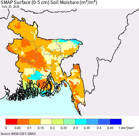 Bangladesh SMAP Surface (0-5 cm) Soil Moisture (m³/m³) Thematic Map For 2/6/2024 - 2/10/2024