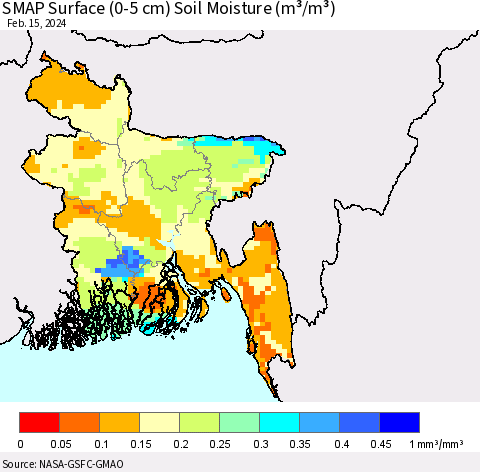 Bangladesh SMAP Surface (0-5 cm) Soil Moisture (m³/m³) Thematic Map For 2/11/2024 - 2/15/2024