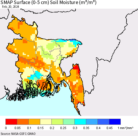 Bangladesh SMAP Surface (0-5 cm) Soil Moisture (m³/m³) Thematic Map For 2/16/2024 - 2/20/2024