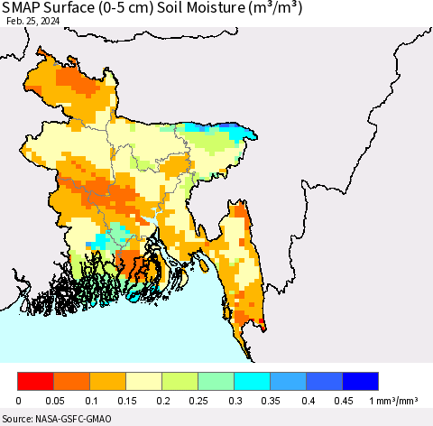 Bangladesh SMAP Surface (0-5 cm) Soil Moisture (m³/m³) Thematic Map For 2/21/2024 - 2/25/2024