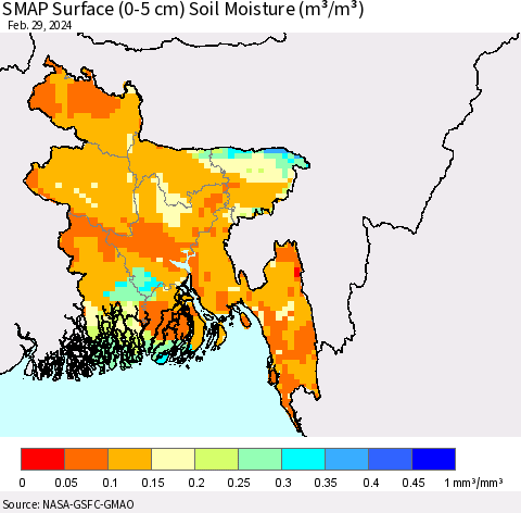 Bangladesh SMAP Surface (0-5 cm) Soil Moisture (m³/m³) Thematic Map For 2/26/2024 - 2/29/2024