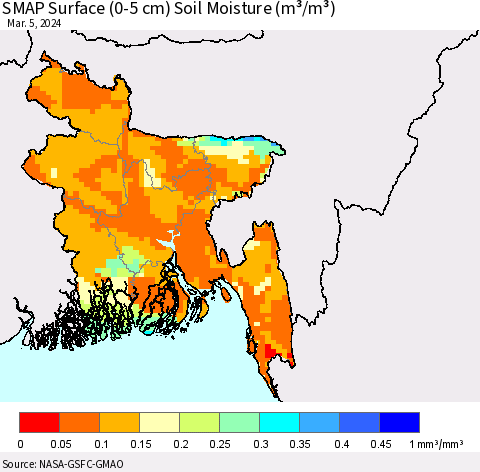 Bangladesh SMAP Surface (0-5 cm) Soil Moisture (m³/m³) Thematic Map For 3/1/2024 - 3/5/2024
