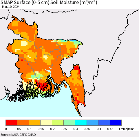 Bangladesh SMAP Surface (0-5 cm) Soil Moisture (m³/m³) Thematic Map For 3/6/2024 - 3/10/2024