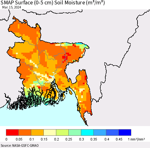 Bangladesh SMAP Surface (0-5 cm) Soil Moisture (m³/m³) Thematic Map For 3/11/2024 - 3/15/2024