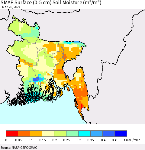 Bangladesh SMAP Surface (0-5 cm) Soil Moisture (m³/m³) Thematic Map For 3/16/2024 - 3/20/2024
