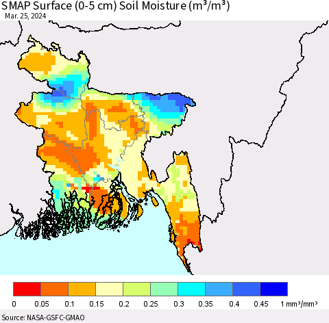 Bangladesh SMAP Surface (0-5 cm) Soil Moisture (m³/m³) Thematic Map For 3/21/2024 - 3/25/2024