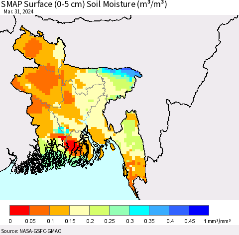 Bangladesh SMAP Surface (0-5 cm) Soil Moisture (m³/m³) Thematic Map For 3/26/2024 - 3/31/2024