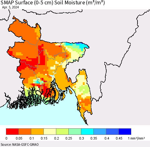 Bangladesh SMAP Surface (0-5 cm) Soil Moisture (m³/m³) Thematic Map For 4/1/2024 - 4/5/2024