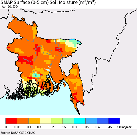Bangladesh SMAP Surface (0-5 cm) Soil Moisture (m³/m³) Thematic Map For 4/6/2024 - 4/10/2024