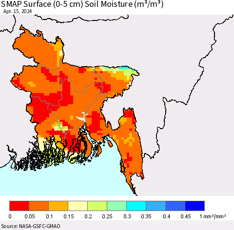 Bangladesh SMAP Surface (0-5 cm) Soil Moisture (m³/m³) Thematic Map For 4/11/2024 - 4/15/2024