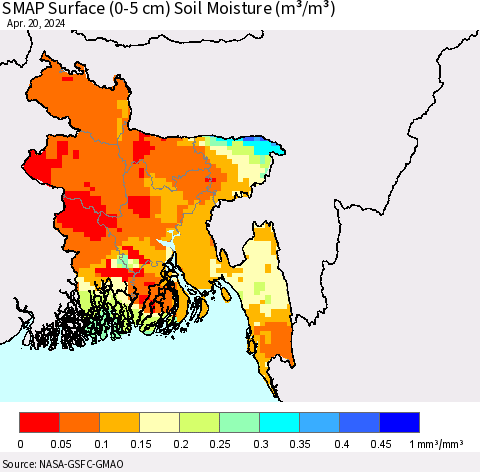 Bangladesh SMAP Surface (0-5 cm) Soil Moisture (m³/m³) Thematic Map For 4/16/2024 - 4/20/2024