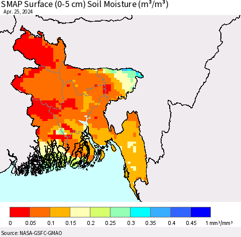 Bangladesh SMAP Surface (0-5 cm) Soil Moisture (m³/m³) Thematic Map For 4/21/2024 - 4/25/2024