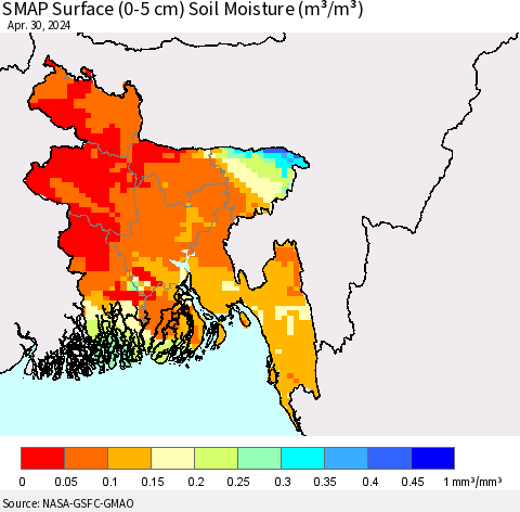 Bangladesh SMAP Surface (0-5 cm) Soil Moisture (m³/m³) Thematic Map For 4/26/2024 - 4/30/2024