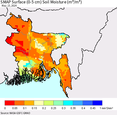 Bangladesh SMAP Surface (0-5 cm) Soil Moisture (m³/m³) Thematic Map For 5/11/2024 - 5/15/2024