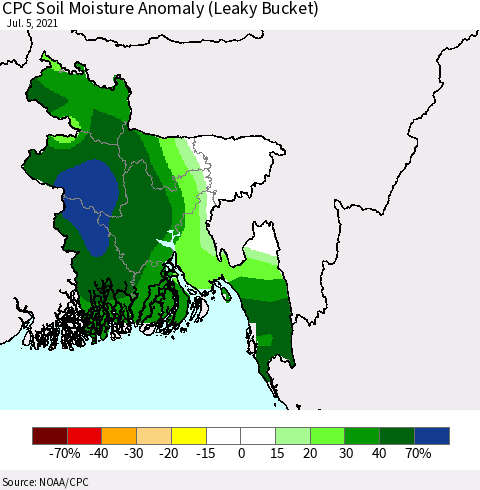 Bangladesh CPC Soil Moisture Anomaly (Leaky Bucket) Thematic Map For 7/1/2021 - 7/5/2021