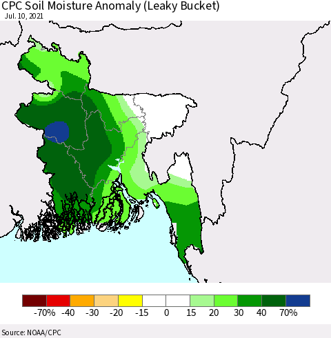 Bangladesh CPC Soil Moisture Anomaly (Leaky Bucket) Thematic Map For 7/6/2021 - 7/10/2021