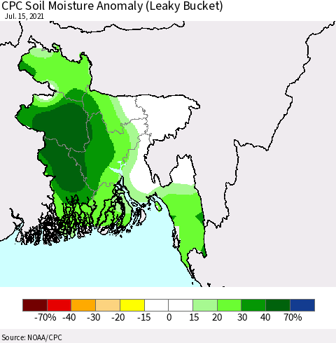 Bangladesh CPC Soil Moisture Anomaly (Leaky Bucket) Thematic Map For 7/11/2021 - 7/15/2021